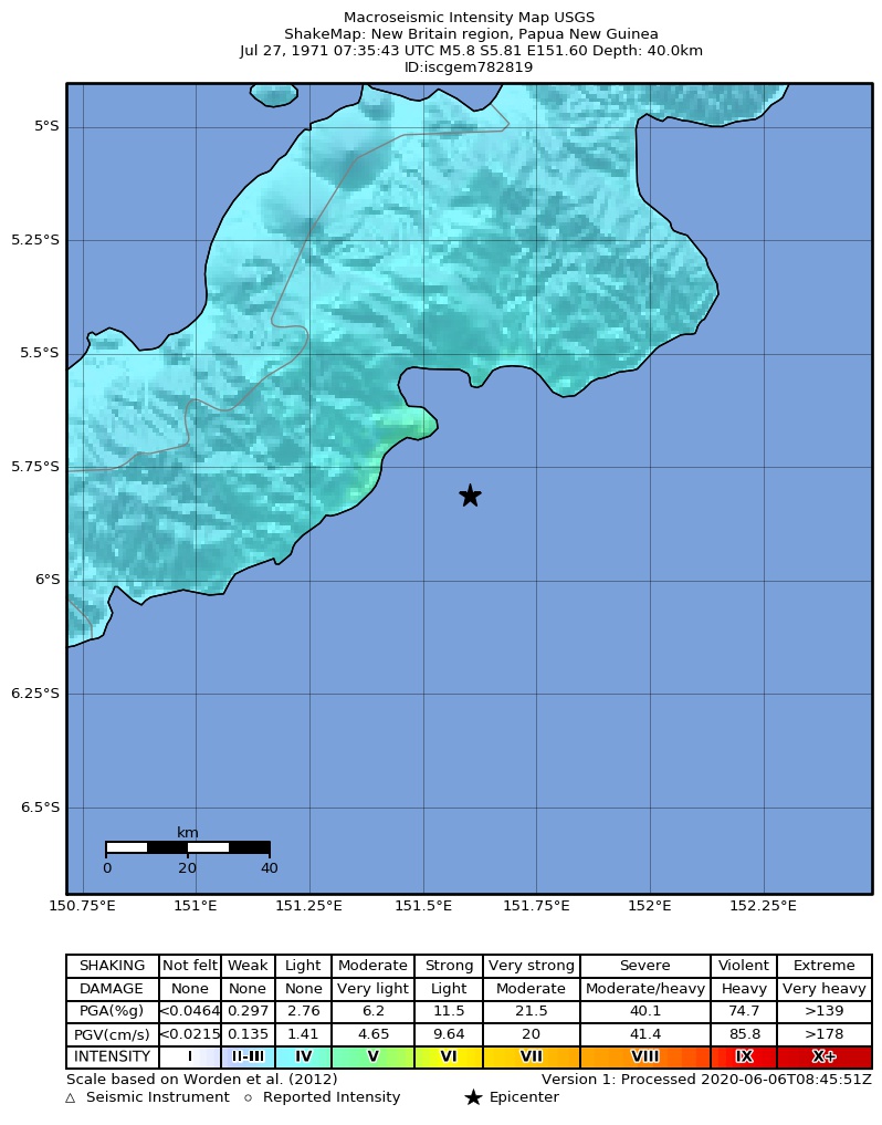 USGS ShakeMap: estimated shaking intensity around the epicenter