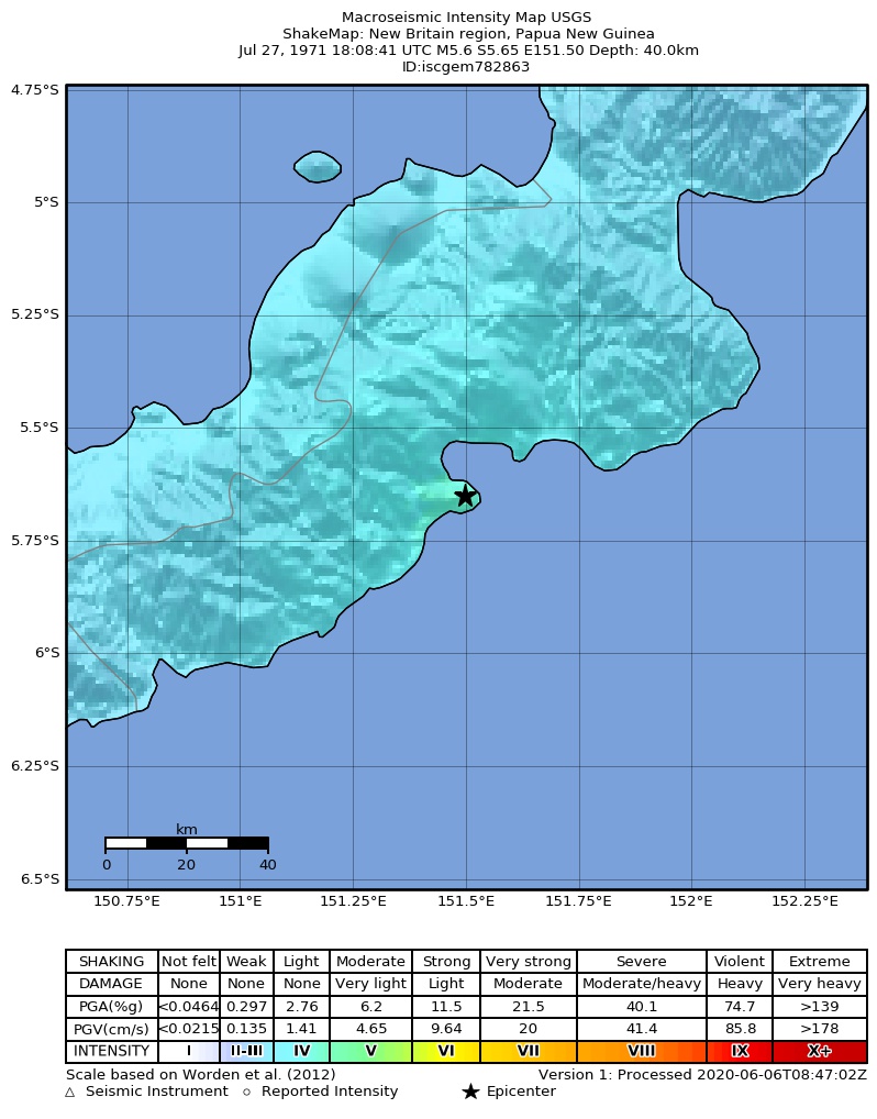 USGS ShakeMap: estimated shaking intensity around the epicenter