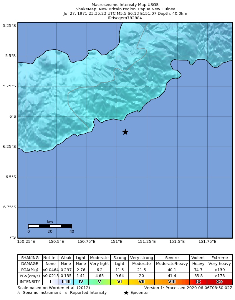 USGS ShakeMap: estimated shaking intensity around the epicenter