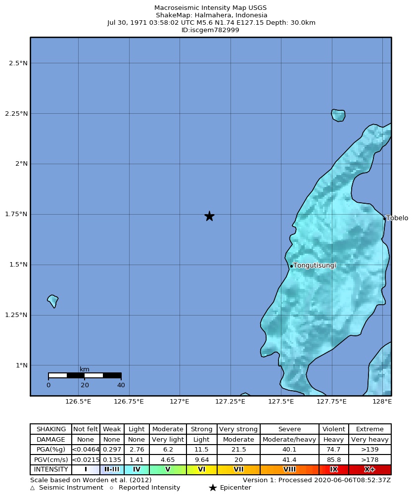 USGS ShakeMap: estimated shaking intensity around the epicenter
