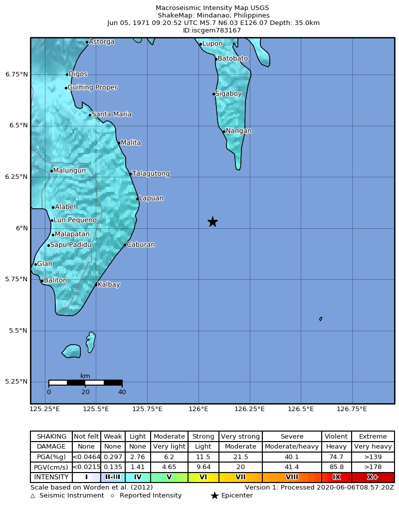 USGS ShakeMap: estimated shaking intensity around the epicenter