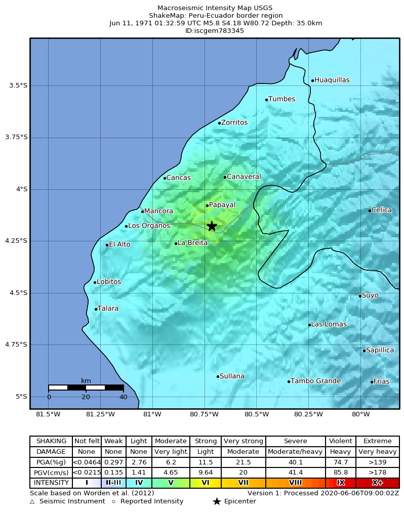 USGS ShakeMap: estimated shaking intensity around the epicenter