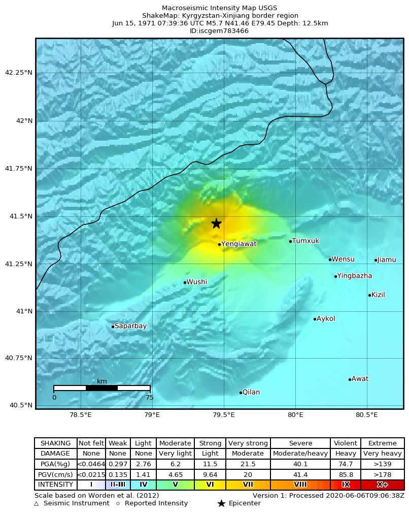 USGS ShakeMap: estimated shaking intensity around the epicenter