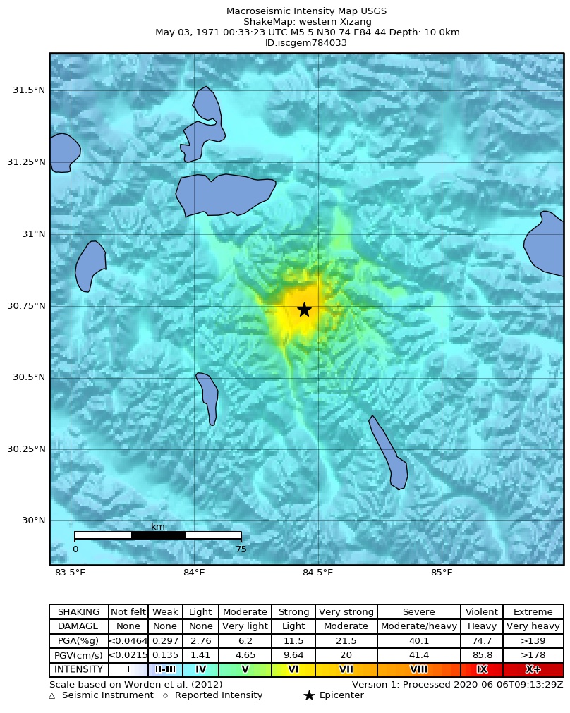 USGS ShakeMap: estimated shaking intensity around the epicenter