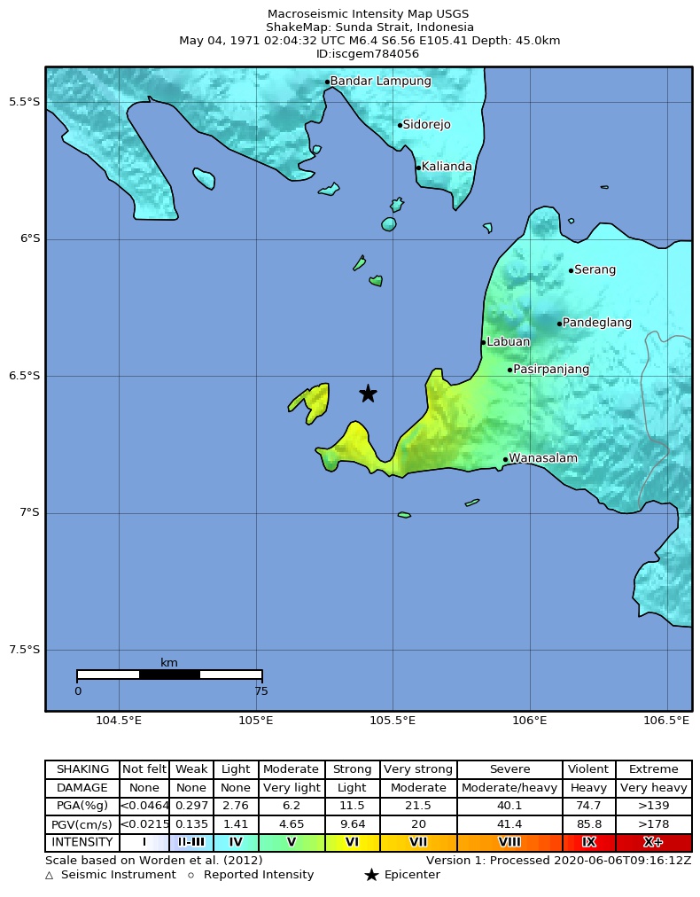 USGS ShakeMap: estimated shaking intensity around the epicenter