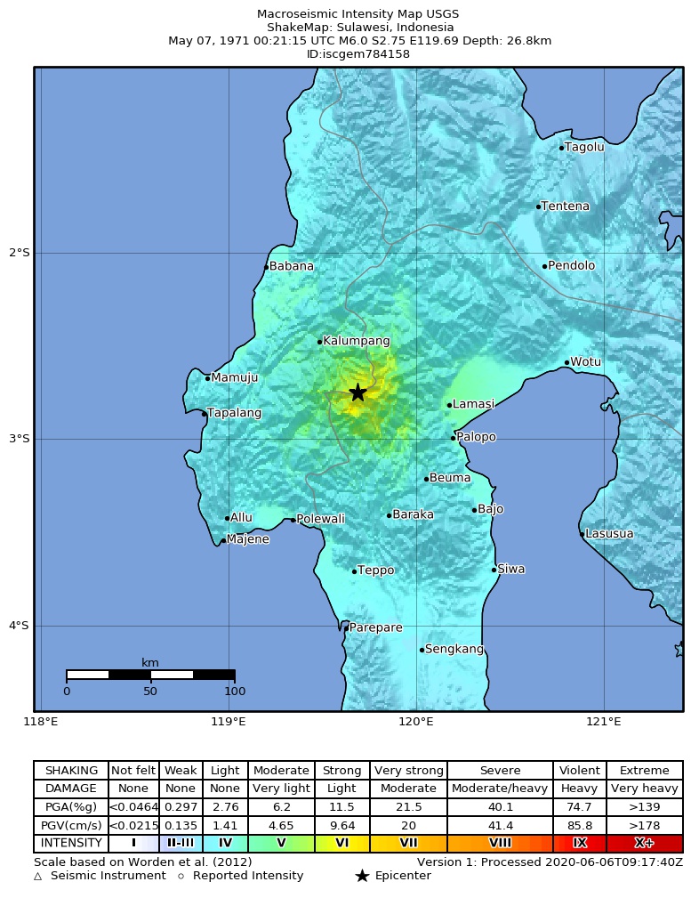 USGS ShakeMap: estimated shaking intensity around the epicenter