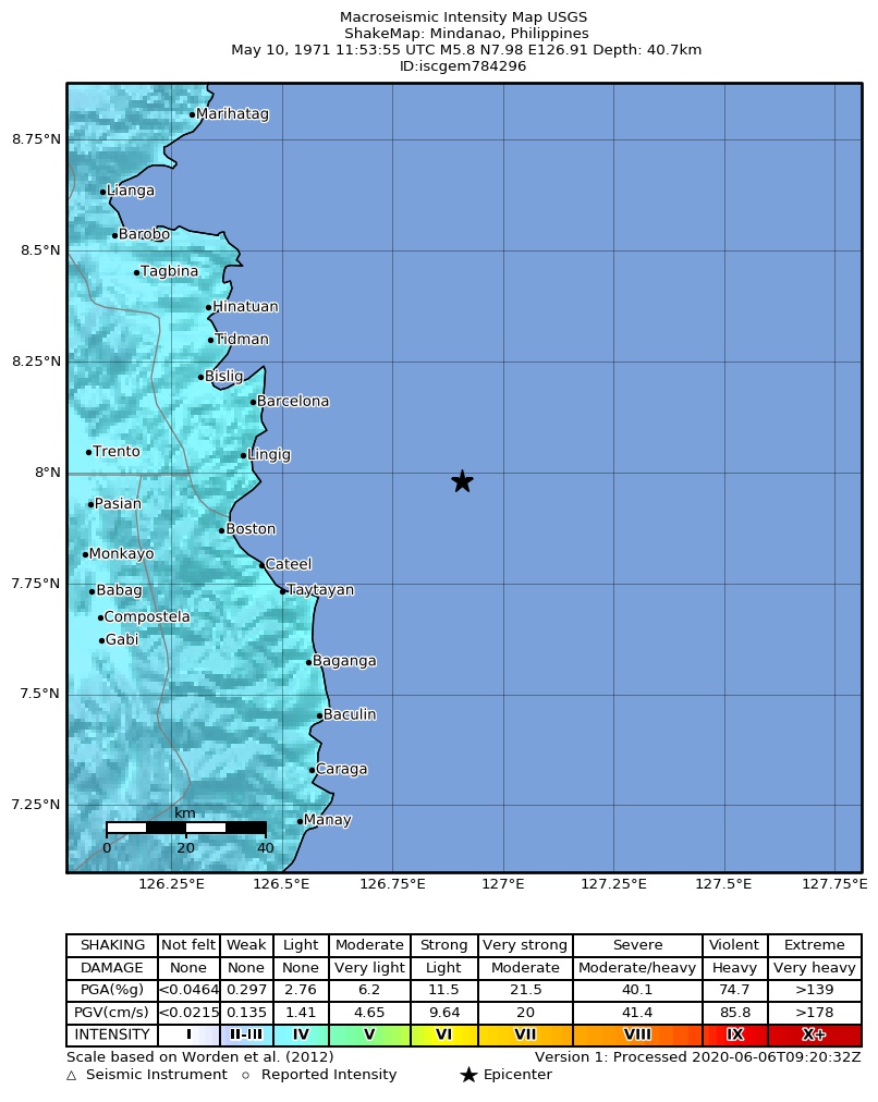 USGS ShakeMap: estimated shaking intensity around the epicenter