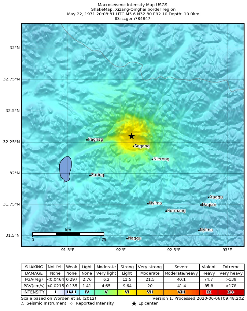 USGS ShakeMap: estimated shaking intensity around the epicenter