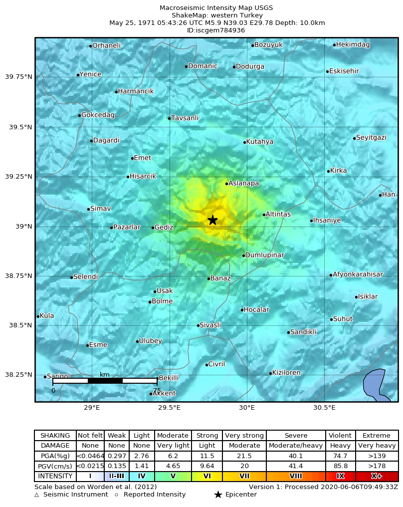 USGS ShakeMap: estimated shaking intensity around the epicenter