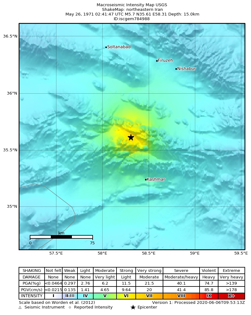 USGS ShakeMap: estimated shaking intensity around the epicenter