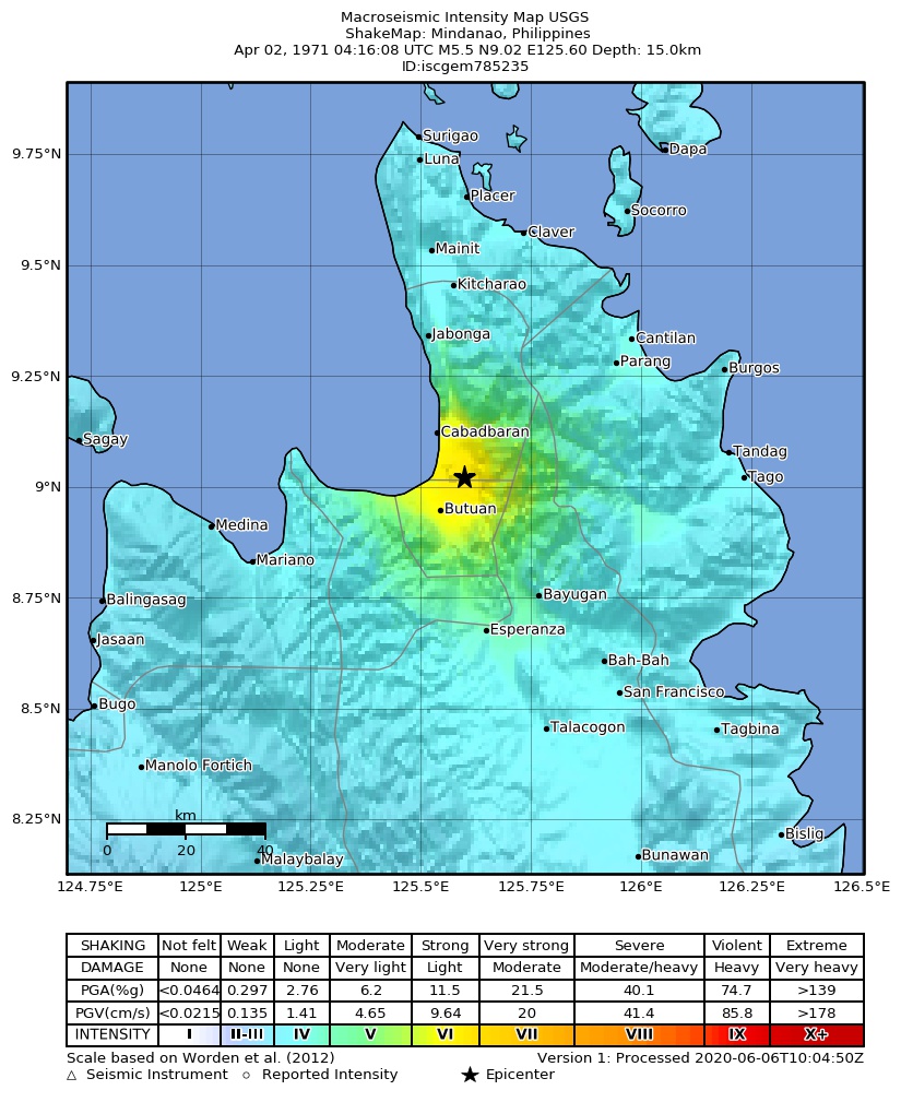 USGS ShakeMap: estimated shaking intensity around the epicenter