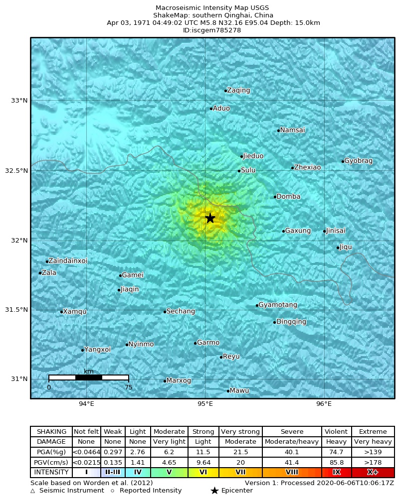 USGS ShakeMap: estimated shaking intensity around the epicenter