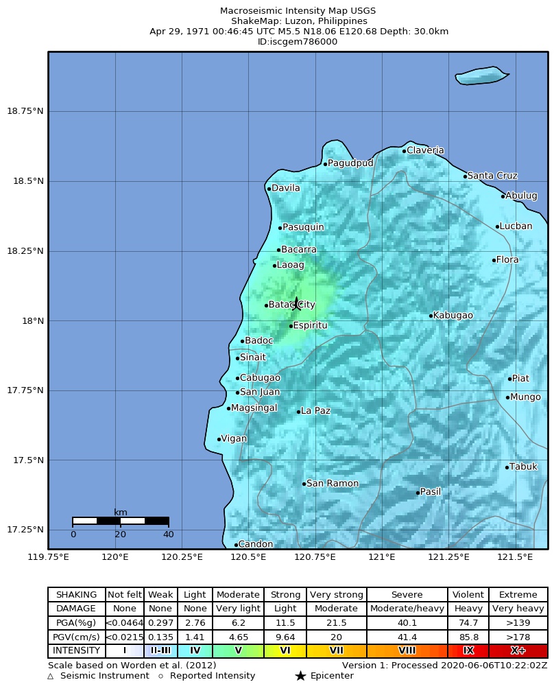 USGS ShakeMap: estimated shaking intensity around the epicenter