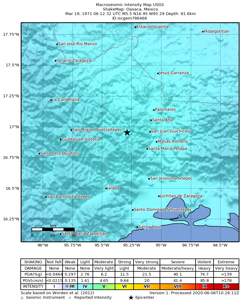 USGS ShakeMap: estimated shaking intensity around the epicenter