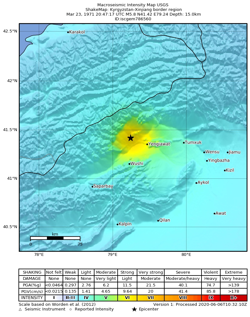 USGS ShakeMap: estimated shaking intensity around the epicenter