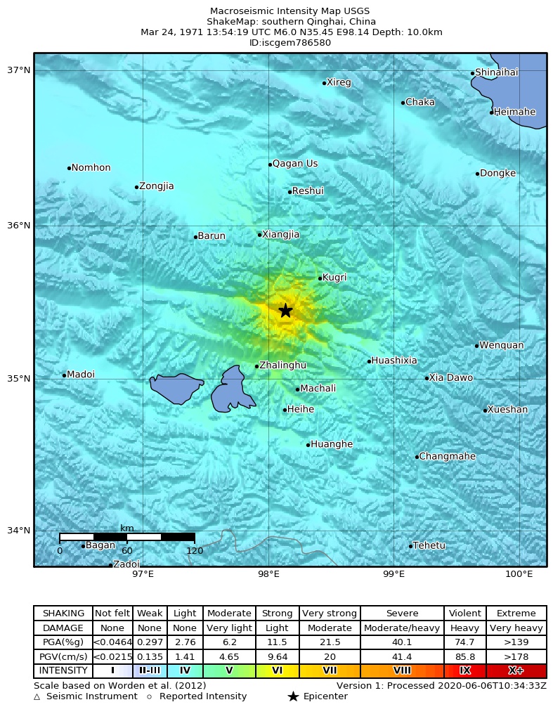 USGS ShakeMap: estimated shaking intensity around the epicenter