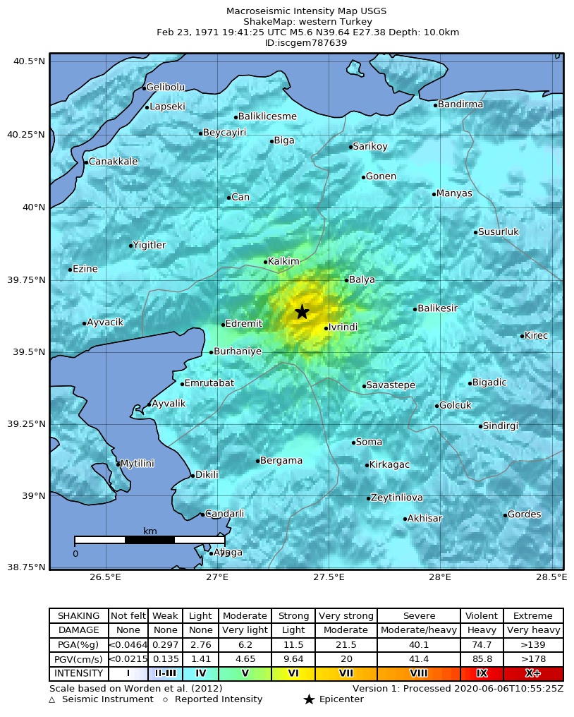 USGS ShakeMap: estimated shaking intensity around the epicenter