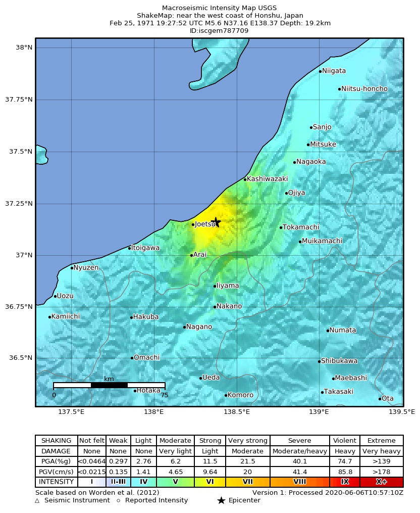 USGS ShakeMap: estimated shaking intensity around the epicenter