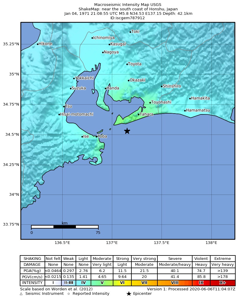 USGS ShakeMap: estimated shaking intensity around the epicenter