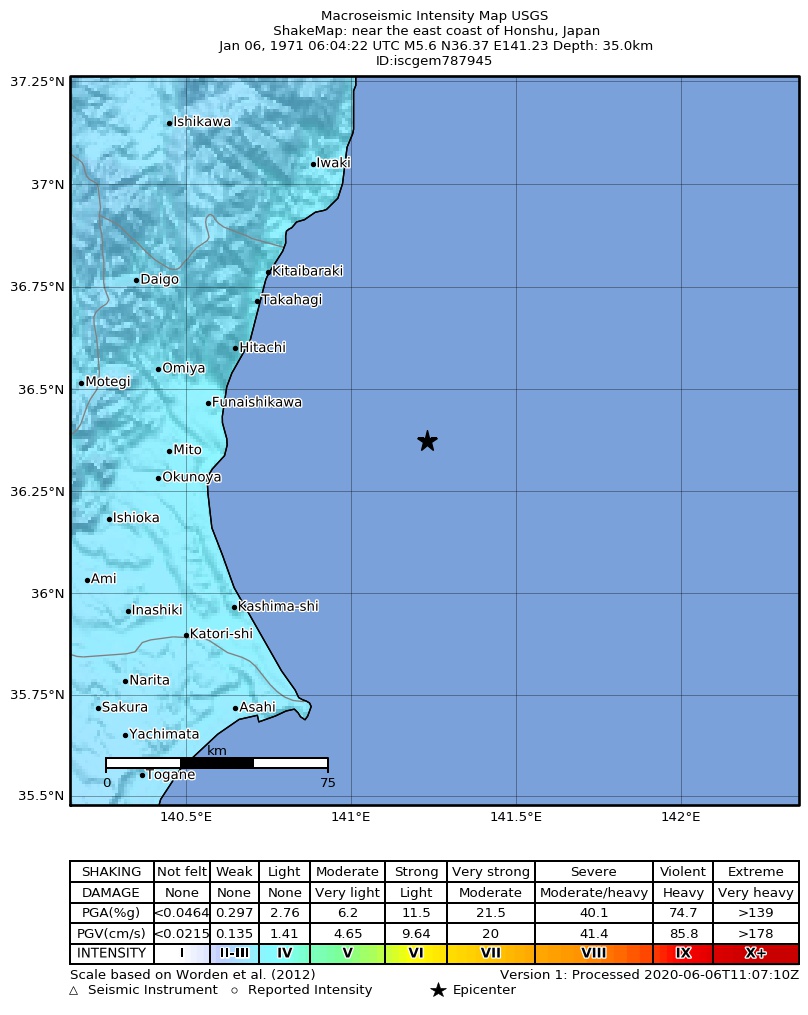 USGS ShakeMap: estimated shaking intensity around the epicenter