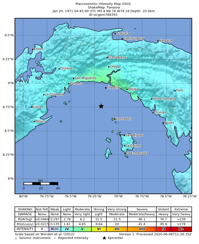 USGS ShakeMap: estimated shaking intensity around the epicenter