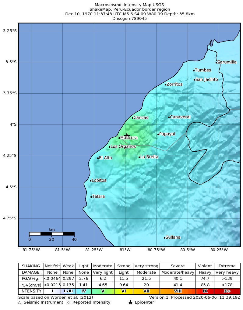 USGS ShakeMap: estimated shaking intensity around the epicenter