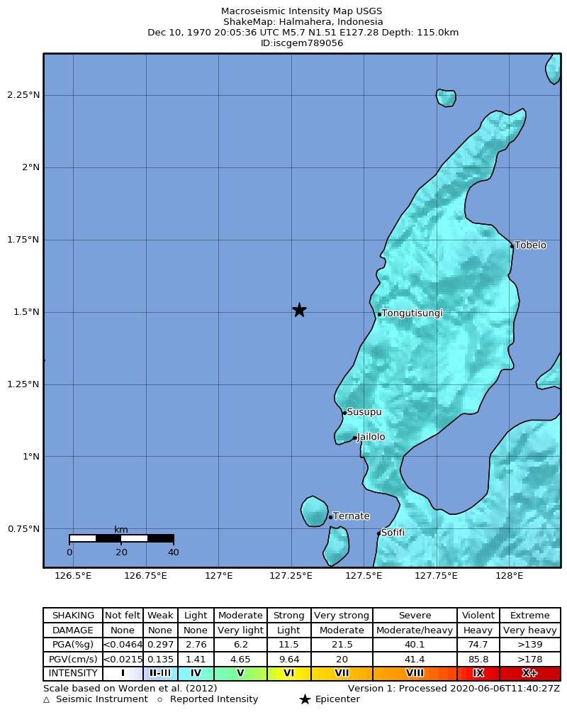 USGS ShakeMap: estimated shaking intensity around the epicenter
