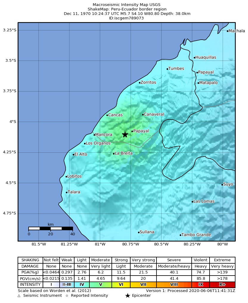 USGS ShakeMap: estimated shaking intensity around the epicenter