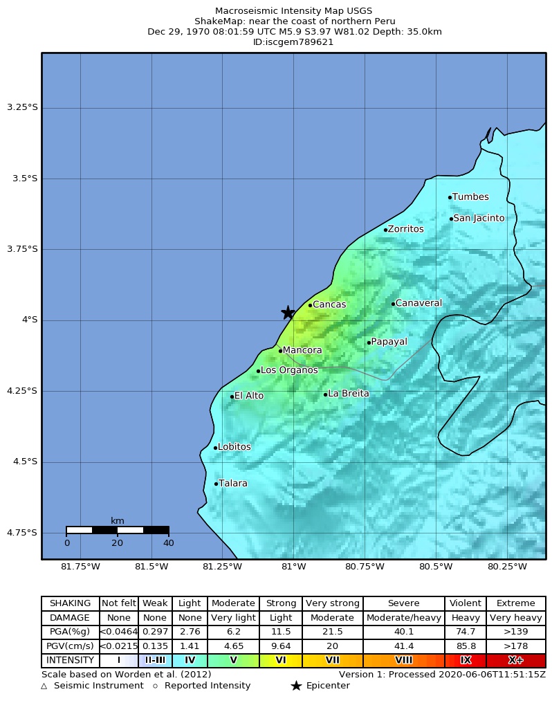 USGS ShakeMap: estimated shaking intensity around the epicenter