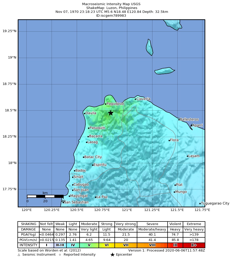 USGS ShakeMap: estimated shaking intensity around the epicenter