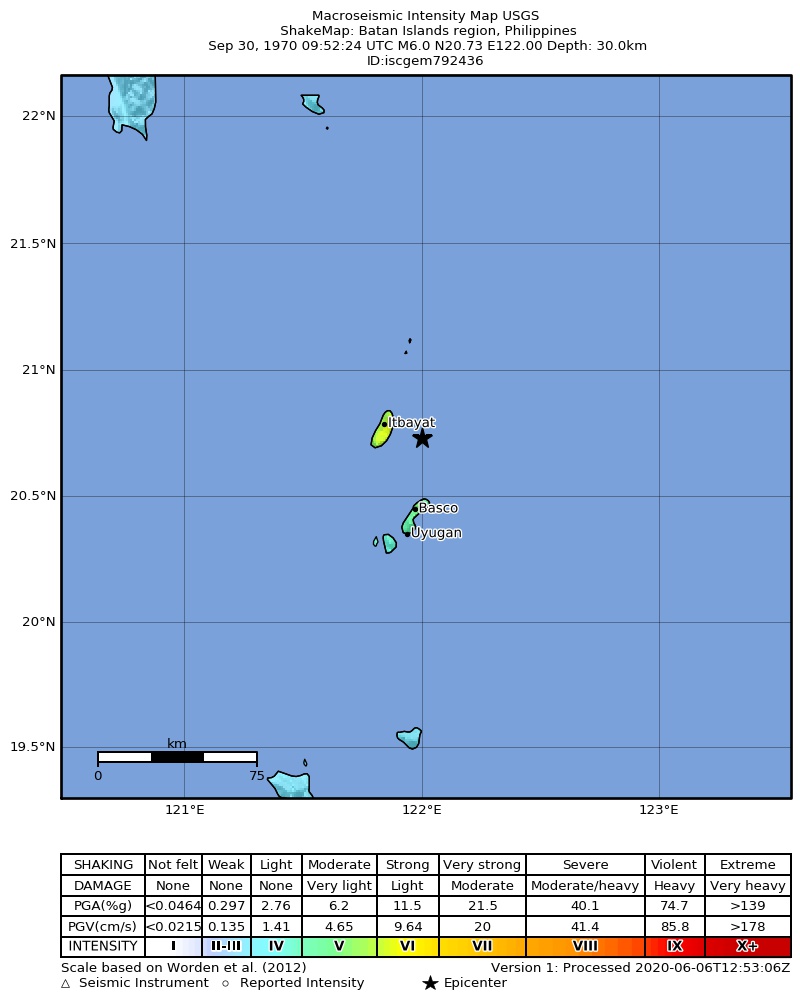 USGS ShakeMap: estimated shaking intensity around the epicenter