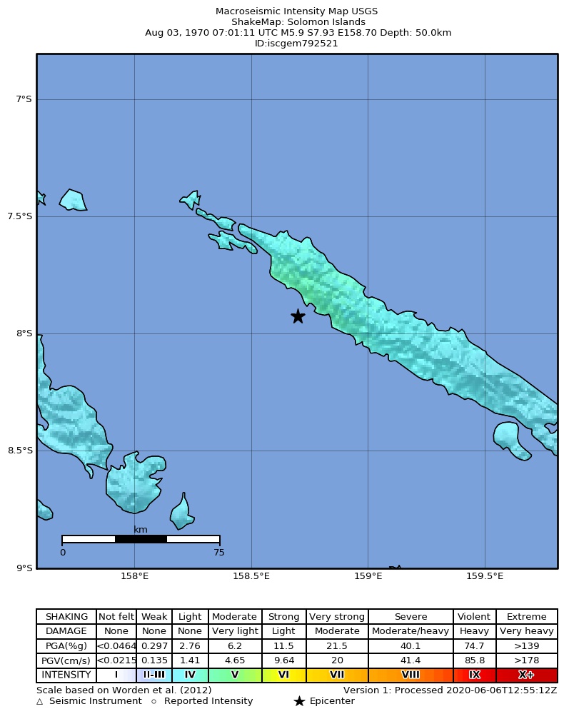 USGS ShakeMap: estimated shaking intensity around the epicenter