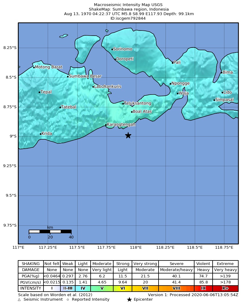 USGS ShakeMap: estimated shaking intensity around the epicenter