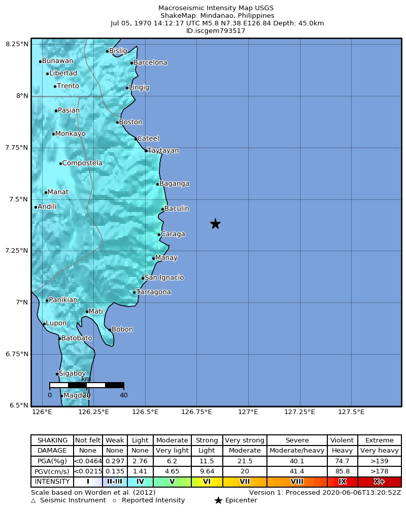 USGS ShakeMap: estimated shaking intensity around the epicenter