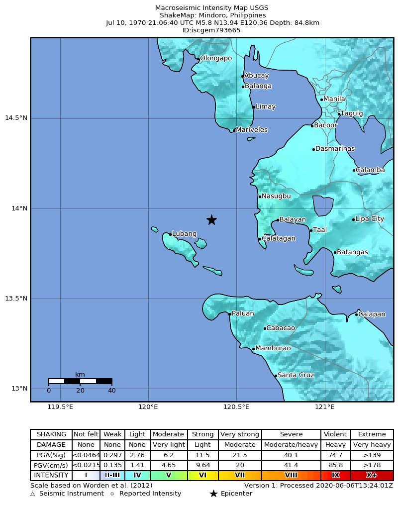 USGS ShakeMap: estimated shaking intensity around the epicenter