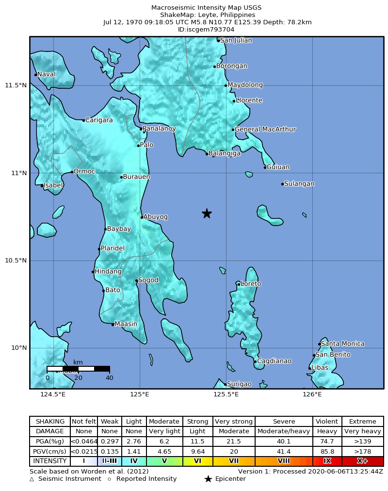 USGS ShakeMap: estimated shaking intensity around the epicenter