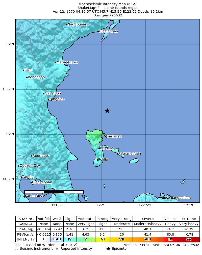 USGS ShakeMap: estimated shaking intensity around the epicenter