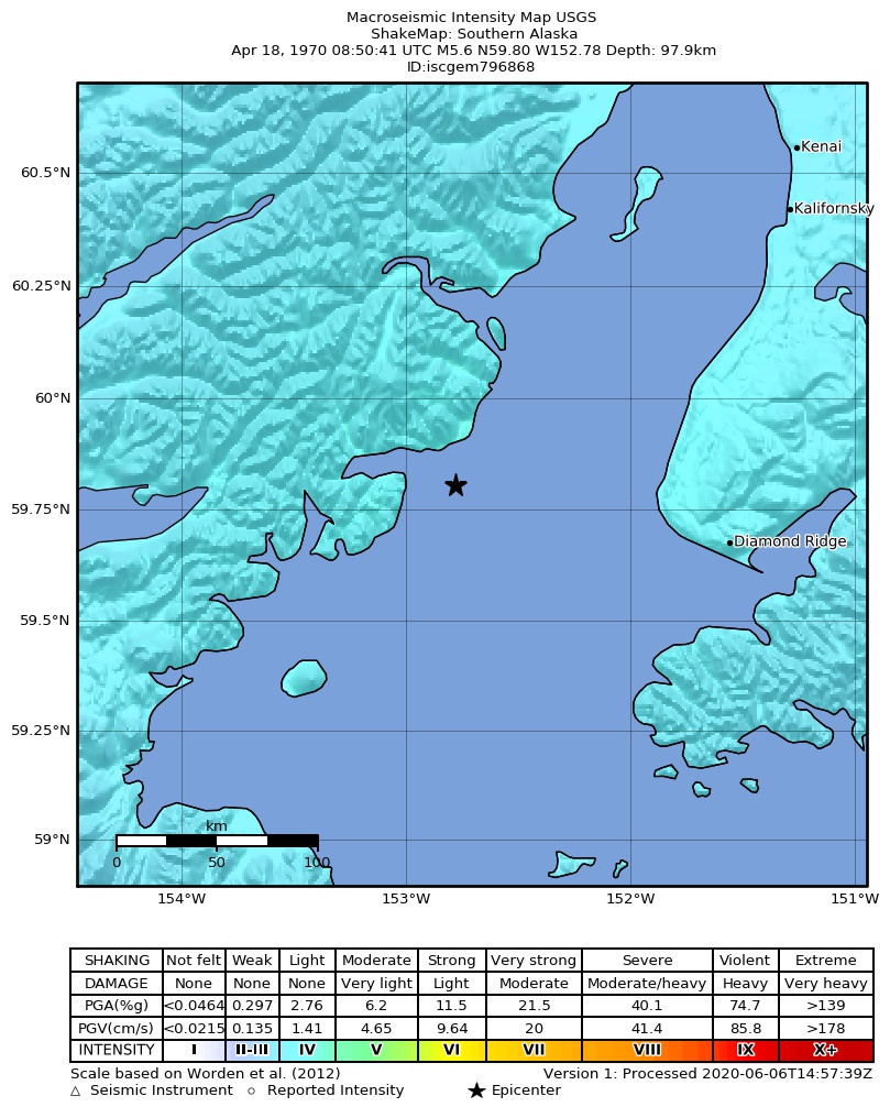 USGS ShakeMap: estimated shaking intensity around the epicenter