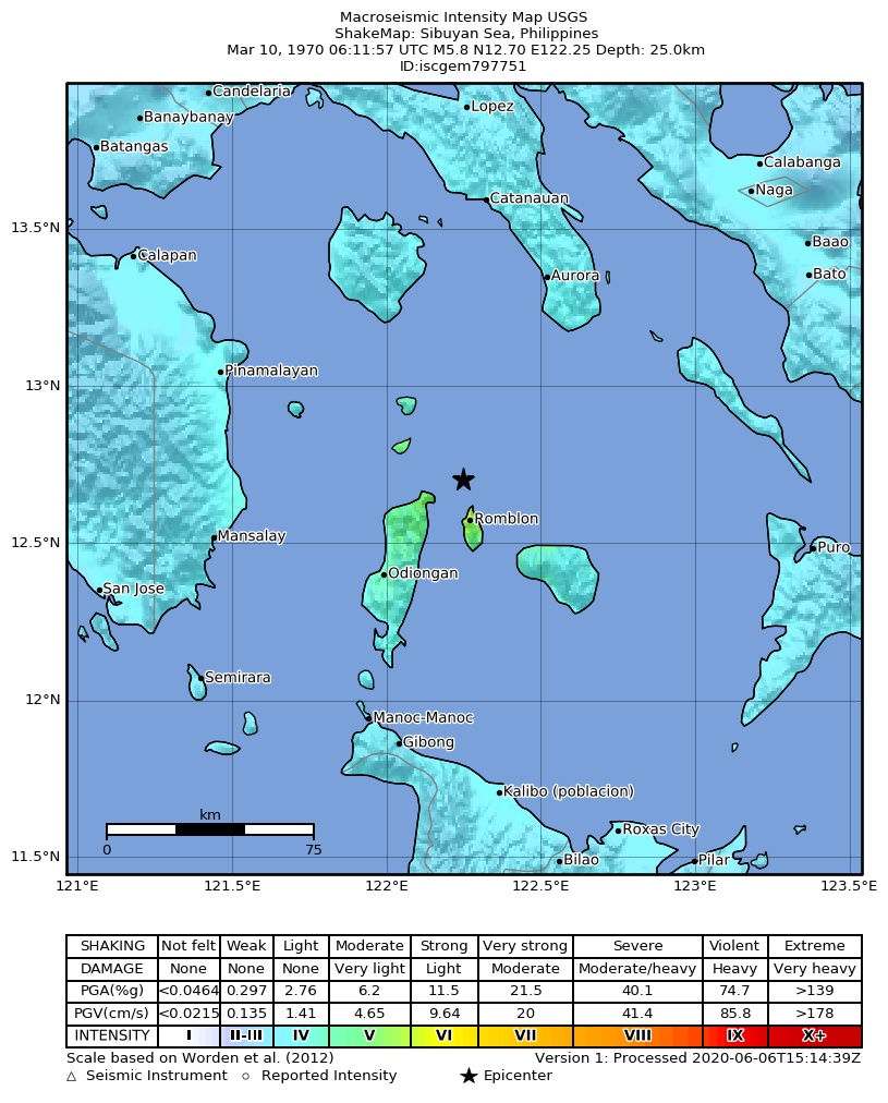 USGS ShakeMap: estimated shaking intensity around the epicenter