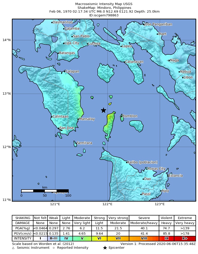 USGS ShakeMap: estimated shaking intensity around the epicenter