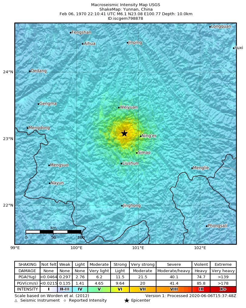 USGS ShakeMap: estimated shaking intensity around the epicenter