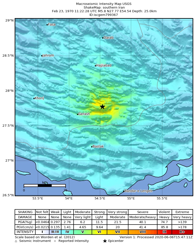 USGS ShakeMap: estimated shaking intensity around the epicenter