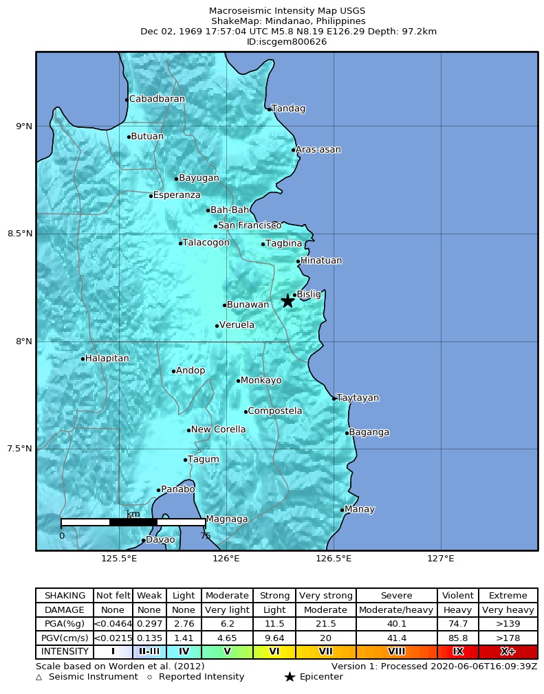 USGS ShakeMap: estimated shaking intensity around the epicenter
