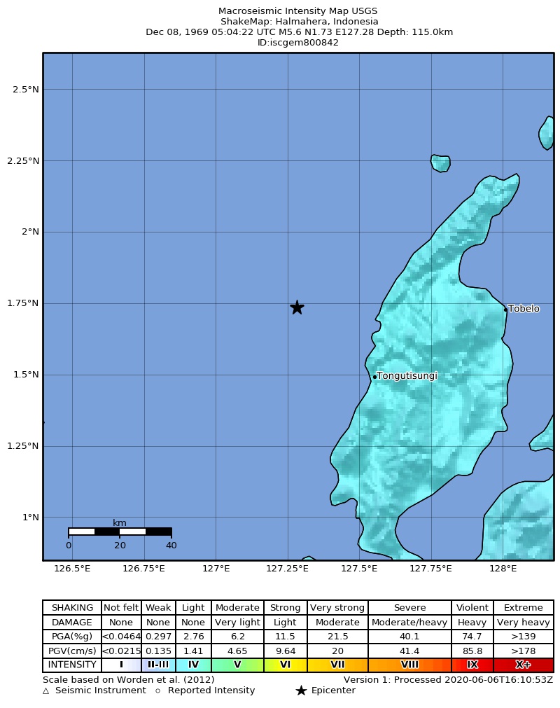 USGS ShakeMap: estimated shaking intensity around the epicenter