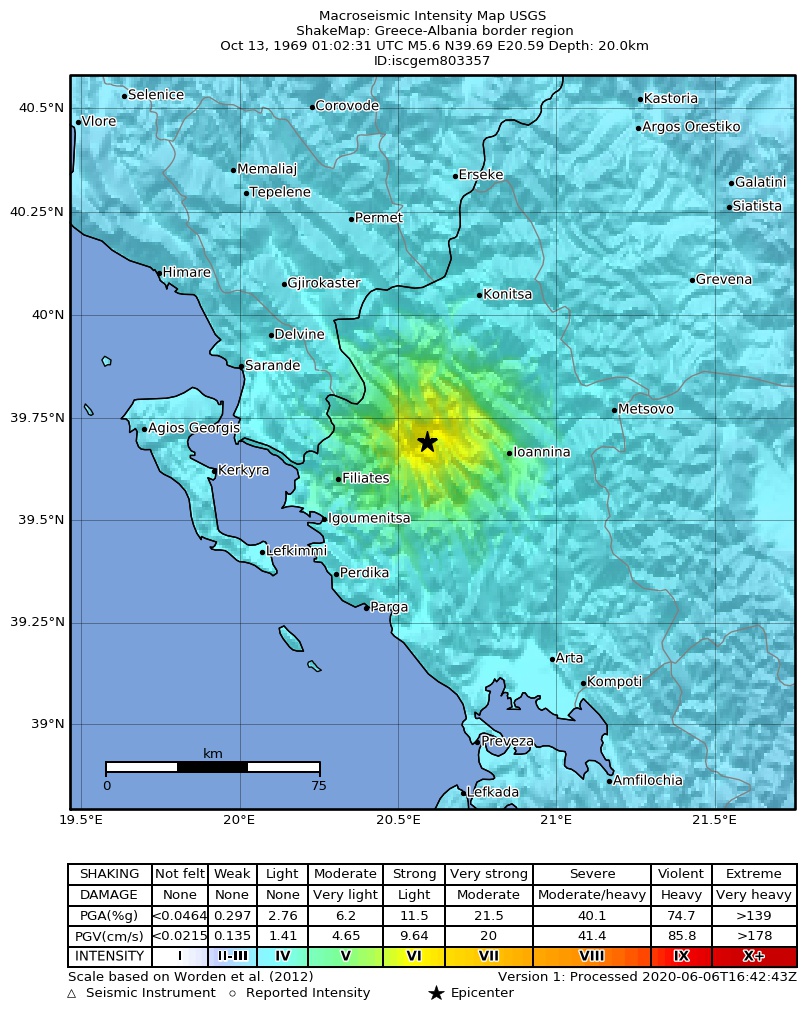 USGS ShakeMap: estimated shaking intensity around the epicenter