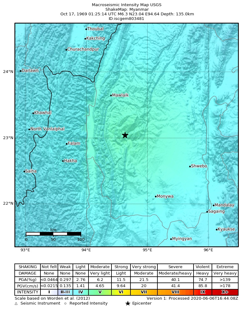 USGS ShakeMap: estimated shaking intensity around the epicenter