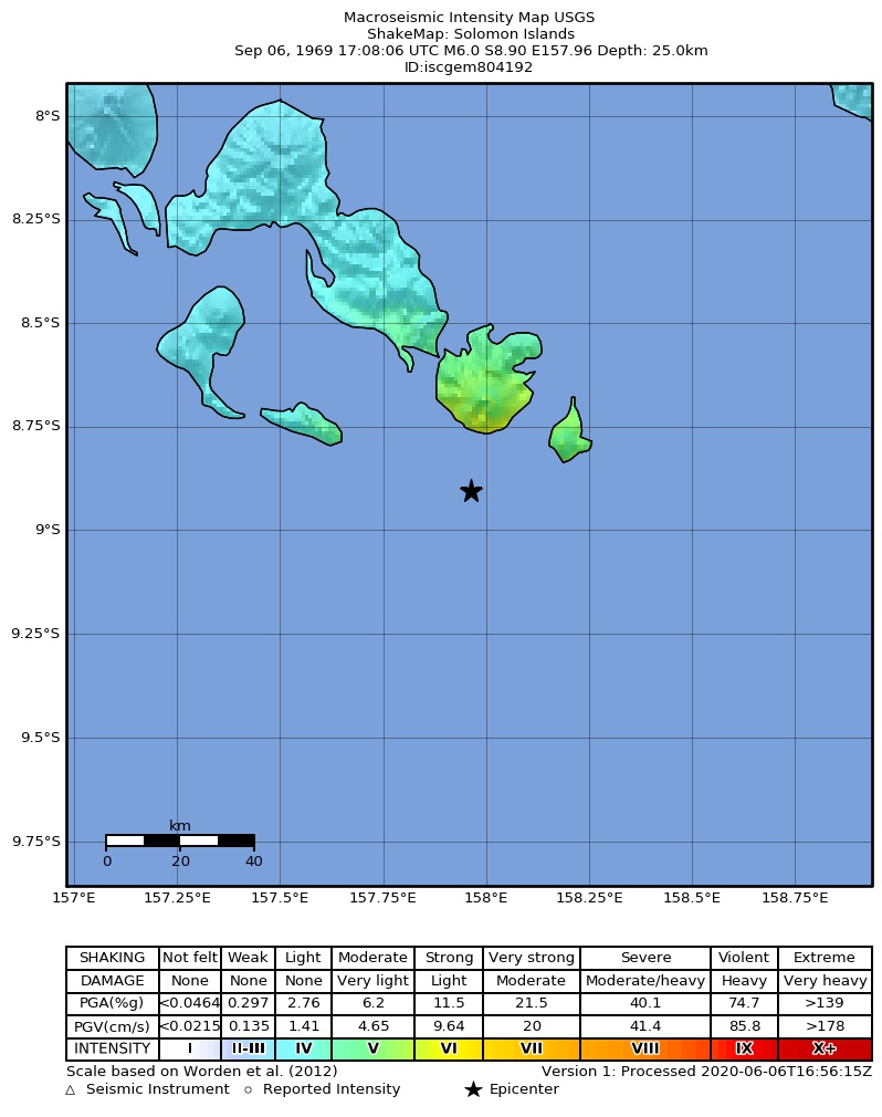 USGS ShakeMap: estimated shaking intensity around the epicenter