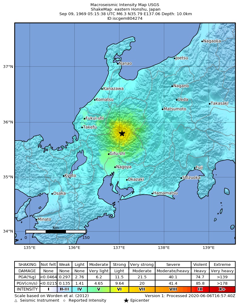 USGS ShakeMap: estimated shaking intensity around the epicenter