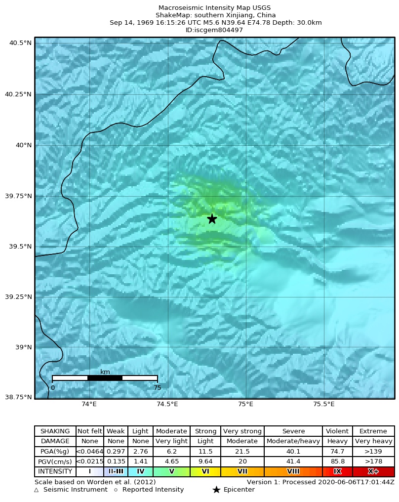 USGS ShakeMap: estimated shaking intensity around the epicenter