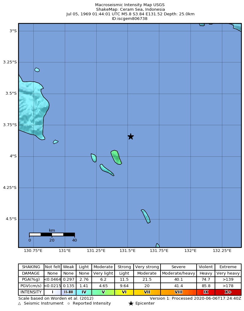 USGS ShakeMap: estimated shaking intensity around the epicenter